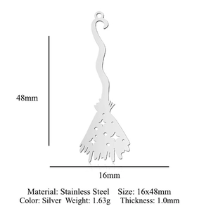 Zilveren roestvrijstalen heksenbezem hanger van 16x48mm voor doe-het-zelf sieraden maken