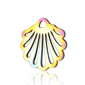 Macro detail of iridescent shell-shaped stainless steel pendant with fan-like cutout design
