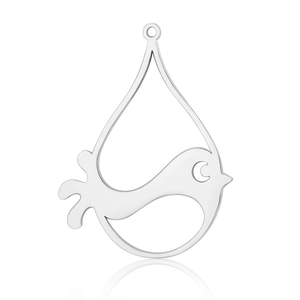 Macro detail of teardrop-shaped stainless steel pendant with hollow bird design