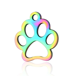 Close-up of rainbow stainless steel animal paw pendant with hollow cutout design
