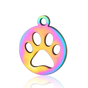 Rainbow-plated stainless steel pet tag pendant with cutout paw print on white background