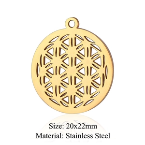 Macro view showing dimensions of 20x22mm gold Flower of Life stainless steel pendant