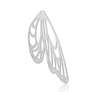 Detailed close-up of polished stainless steel butterfly wing pendant with hollow design