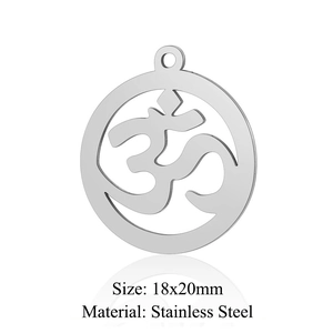 Macro view of a 18x20mm stainless steel Om yoga pendant with polished hollow detail