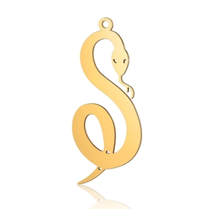 Detailed view of a polished gold snake-shaped pendant with a sleek S-curve design