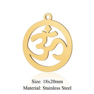 Detailed macro view of golden stainless steel Om symbol charm with 18x20mm dimensions