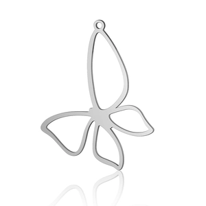 Macro shot of silver hollow butterfly charm with polished mirror reflections on white base