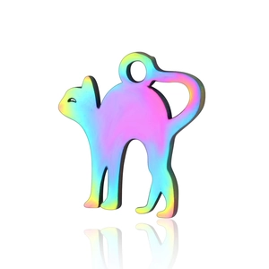 Macro shot of a rainbow-plated stainless steel cat pendant with a vibrant blue-purple gradient