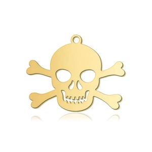 Detailweergave van een gouden roestvrijstalen schedelhanger met gepolijste afwerking