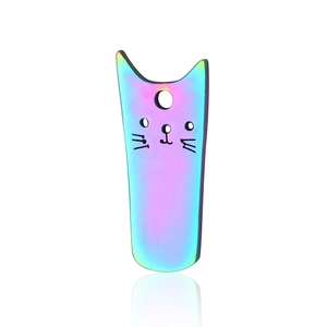 Close-up of cat-shaped stainless steel pendant with rainbow PVD plating and mirror finish