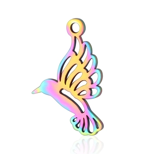 Detailed macro view of rainbow plated stainless steel hummingbird pendant DIY accessory