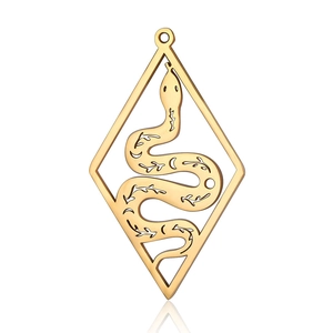 Golden stainless steel snake pendant in a diamond frame with moon and leaf cutout motifs