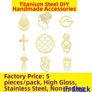 Lot de 5 pendentifs en acier inoxydable doré avec motifs cœur, croix et vague pour bijoux