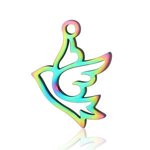 Detailed view of bird-shaped stainless steel pendant with rainbow plating finish