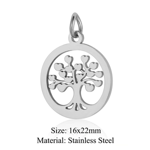 Polished stainless steel Tree of Life pendant with heart-shaped leaves, 16x22mm size
