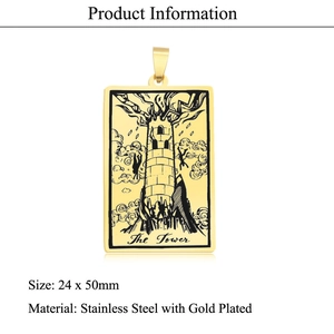 Vergoldeter Edelstahl-Tarot-Anhänger Der Turm mit Abmessungen von 24 x 50 mm Größe