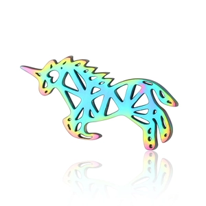 Macro view of geometric unicorn pendant in iridescent rainbow vacuum plating finish