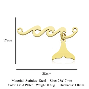 Gold plated stainless steel wave and whale tail pendant, 28x17mm jewelry accessory
