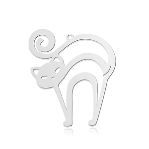 Detailed close-up of a silver hollow cat charm pendant made of durable stainless steel