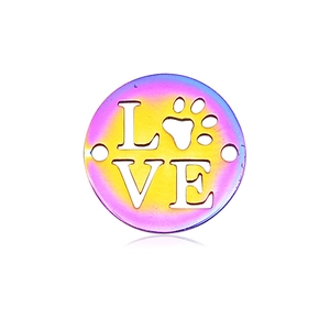 Close-up of rainbow stainless steel LOVE charm with hollow cat paw print connector
