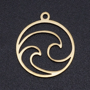 Pendentif rond minimaliste en acier inoxydable doré avec motif vague pour bijoux