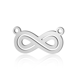 Detailed view of infinity symbol pendant in polished stainless steel for DIY jewelry