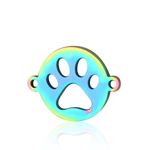 Iridescent rainbow stainless steel paw print pendant with dual holes for DIY jewelry