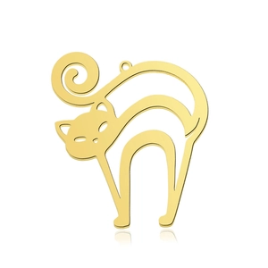 Macro detail of golden hollow cat pendant with minimalist outline and polished finish