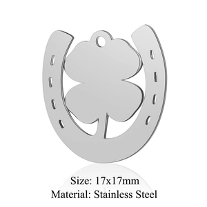 Macro shot of 17x17mm stainless steel horseshoe and four-leaf clover pendant accessory