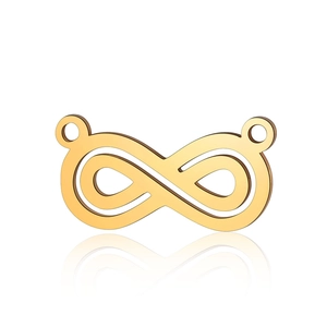Close-up of golden infinity symbol pendant with dual connector rings and mirror reflection