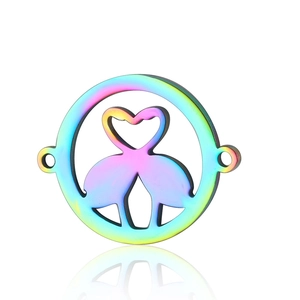 Rainbow plated stainless steel flamingo heart pendant with dual hanging rings