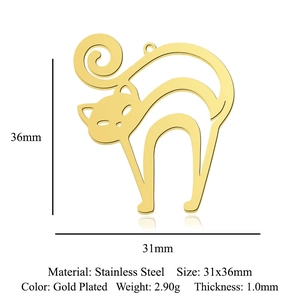 Detailed specs for gold plated stainless steel cat pendant measuring 31x36mm and 2.90g