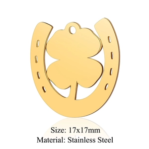 Golden stainless steel horseshoe pendant with lucky four-leaf clover design, 17x17mm size