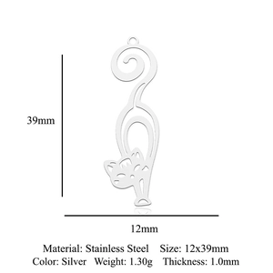 Detailed size specifications for a minimalist silver stainless steel cat pendant charm