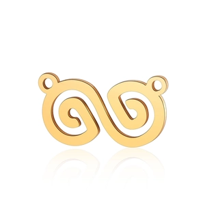 Macro detail of golden stainless steel swirl infinity pendant with double hanging loops