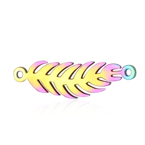 Detailed view of rainbow-plated stainless steel feather charms for DIY jewelry making