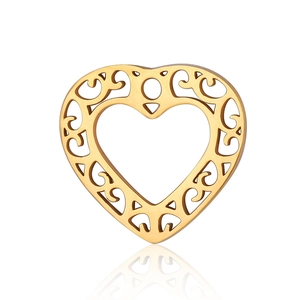 Detailed close-up of a gold heart pendant with hollow filigree patterns and mirrored reflection