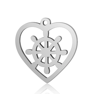 Silver stainless steel heart pendant with internal nautical helm wheel diy charm