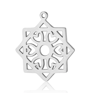Detailed view of silver hollow star stainless steel pendant with heart patterns