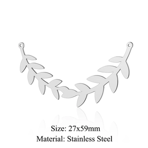 Detail of silver stainless steel olive leaf pendant with 27x59mm size specifications