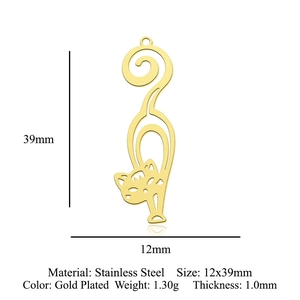 Detailed view of a gold plated stainless steel cat pendant with 12x39mm size markings