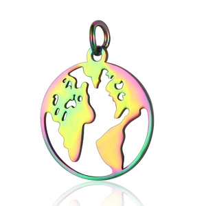 Macro detail of a round hollow world map pendant with vibrant rainbow metallic finish