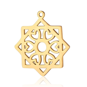 Detail showing polished gold hollow octagonal star pendant with heart patterns