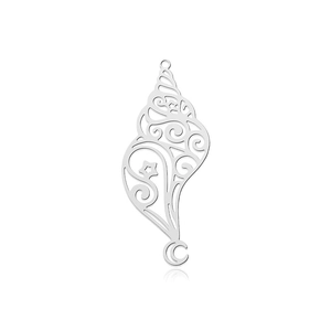 Macro detail of silver stainless steel conch pendant with spiral texture and star accent