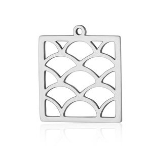 Detail of square hollow stainless steel pendant featuring intricate fish scale patterns