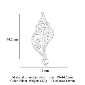 Detailed view of silver conch shell stainless steel pendant showing dimensions 44.5x19mm