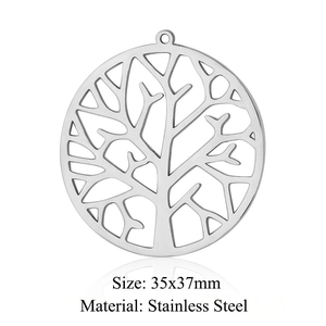 Detailed view of silver tree of life stainless steel pendant with 35x37mm size specs