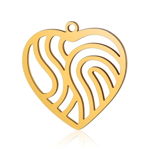 Detailed view of a golden heart-shaped pendant with hollow fingerprint textures and top ring
