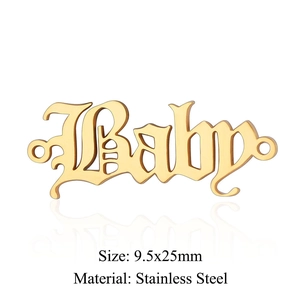 Detailed view of gothic Baby word pendant in gold stainless steel with 9.5x25mm dimensions
