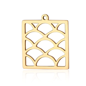 Macro detail of golden stainless steel square pendant with openwork geometric pattern